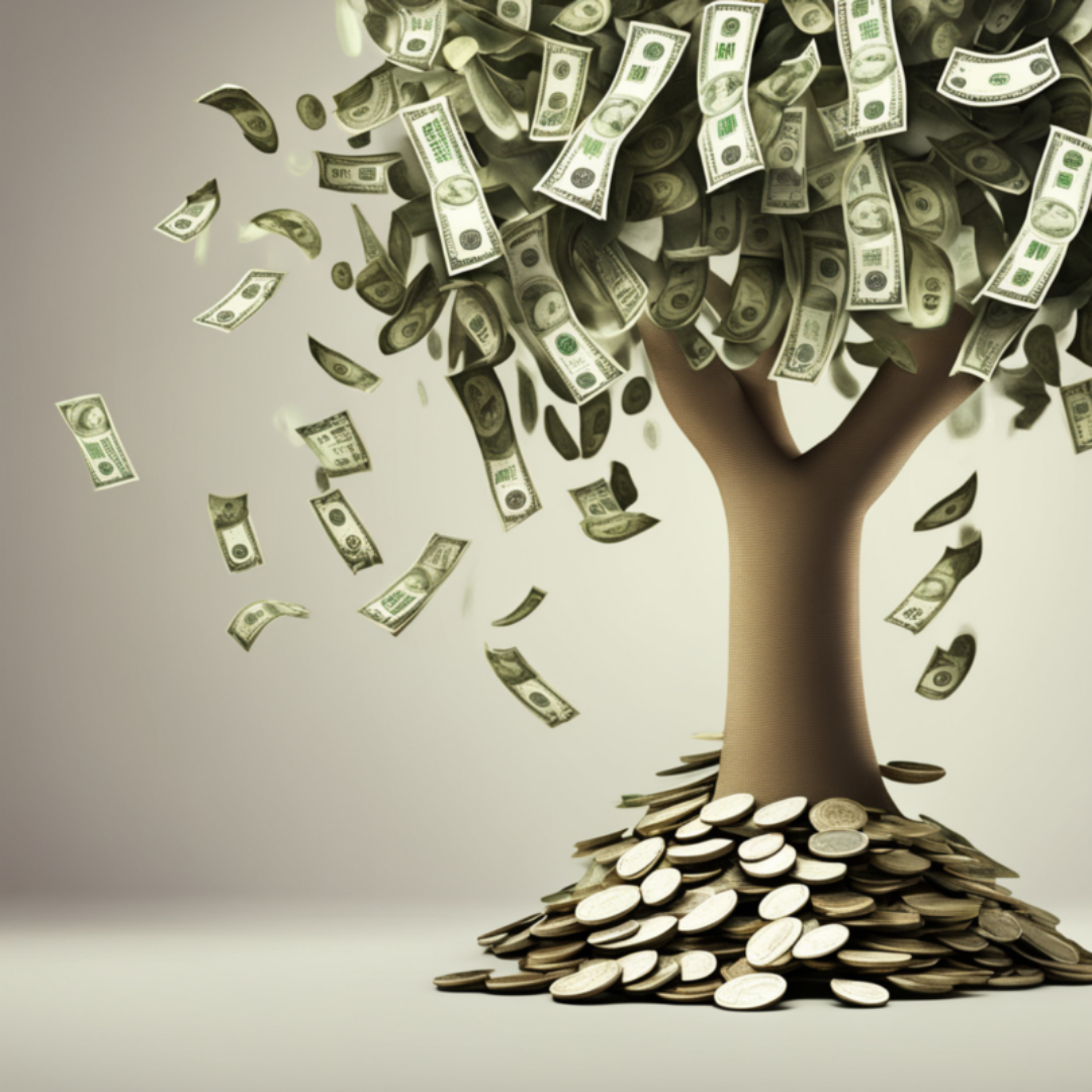 나무에 지폐가 잔뜩 달려있다.