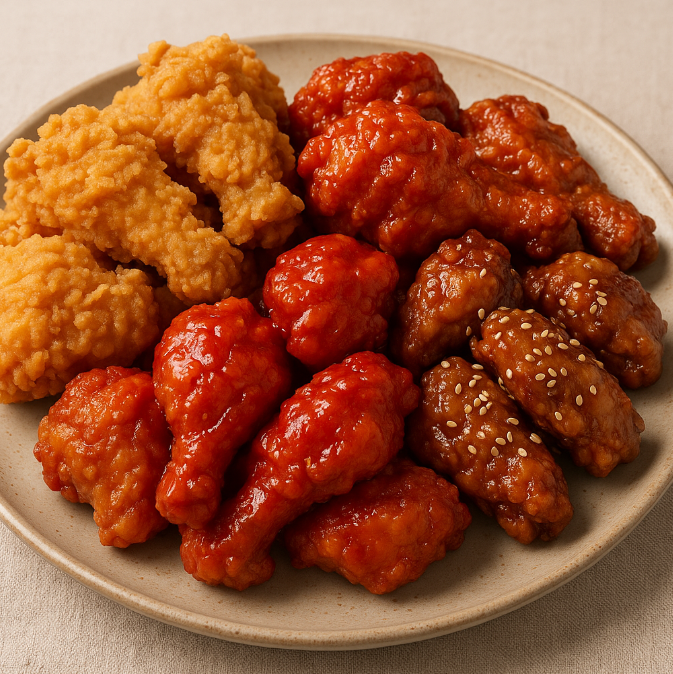 먹음직 스런 후라이드치킨, 양념치킨, 간장치킨이 한접시에 담겨 있다.