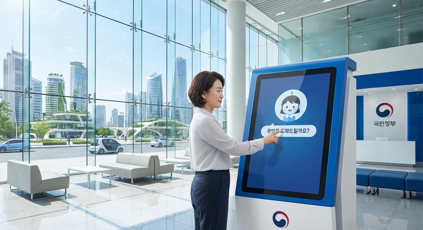 시민이 AI 챗봇 키오스크를 통해 빠르고 편리하게 행정 업무를 처리하는 미래지향적 정부청사 모습