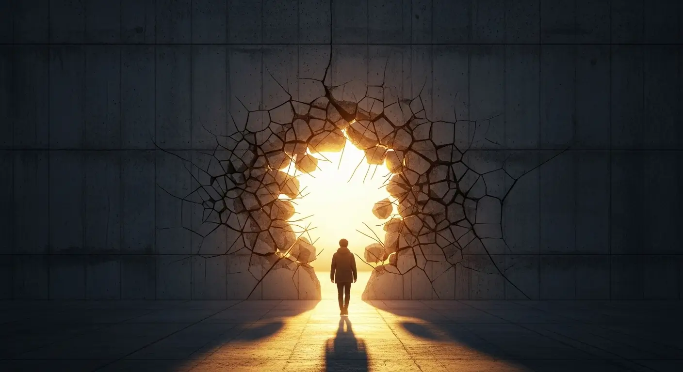 막혀있던 대출 장벽이 해결책을 통해 무너지고 밝은 금융 생활로 나아가는 사람의 뒷모습