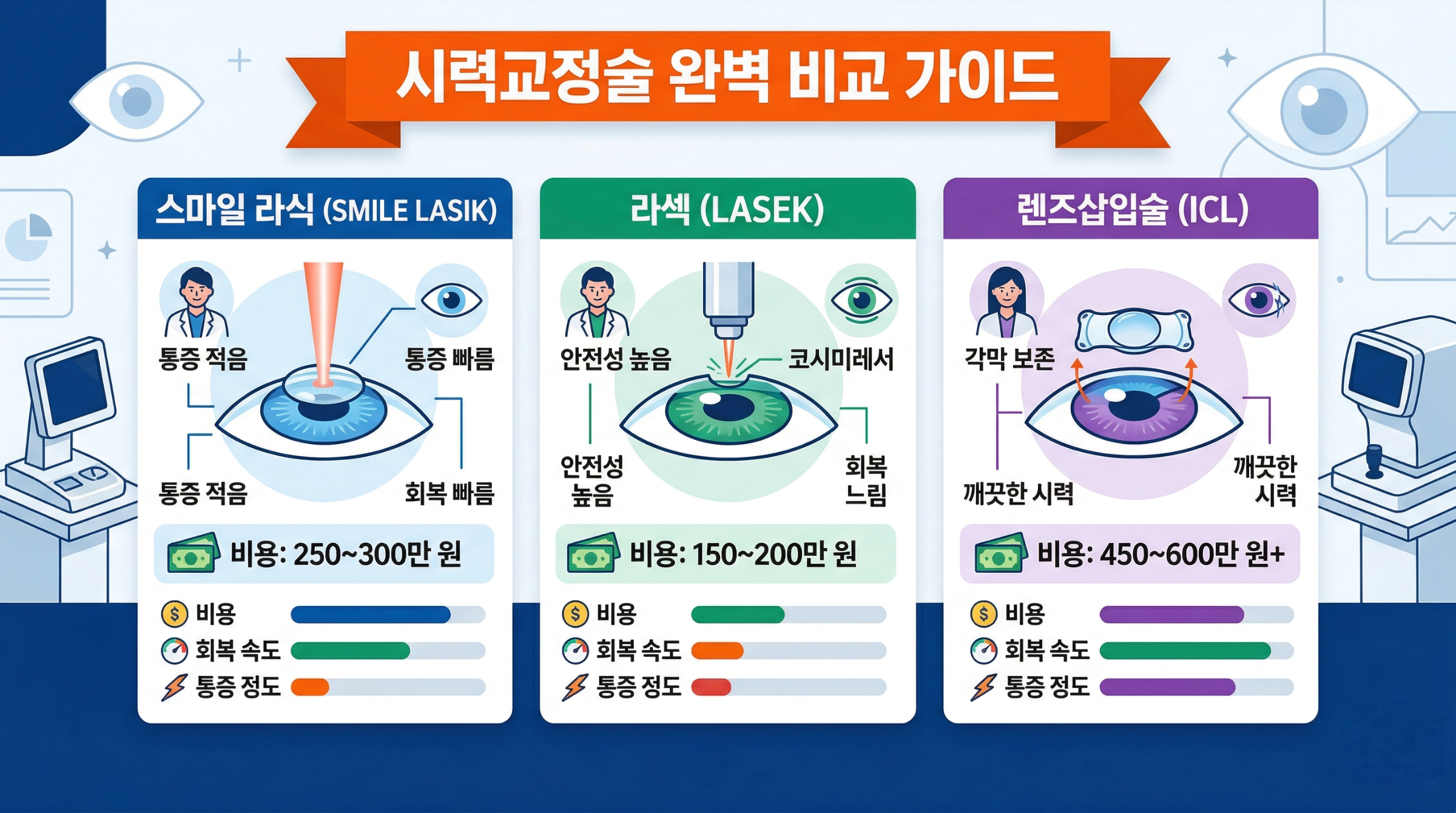스마일 라식, 라섹, 렌즈삽입술의 비용, 회복 기간, 특징을 비교 분석한 시력교정술 선택 가이드 인포그래픽