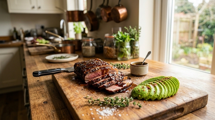 slice beef with avocado