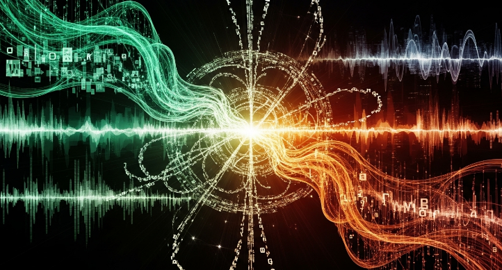 텍스트와 이미지가 통합되어 처리되는 복잡한 신경망을 보여주는 추상적인 멀티모달 AI 아키텍처 시각화 이미지.