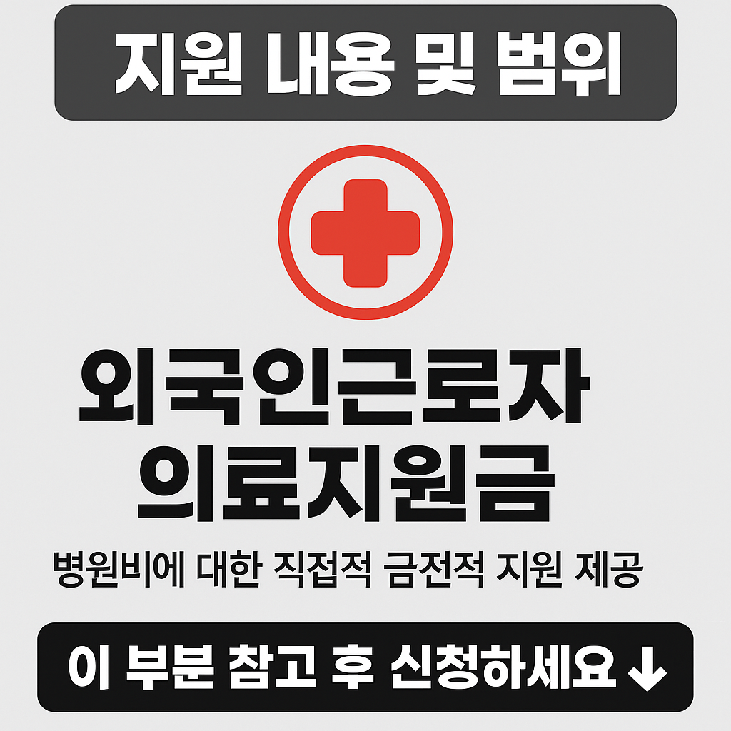 외국인근로자 의료지원금 지원 내용 및 범위를 안내하는 한국어 인포그래픽. 중앙에는 붉은 의료 십자가 아이콘과 함께 '병원비에 대한 직접적 금전적 지원 제공' 문구가 강조되며, 하단에는 '이 부분 참고 후 신청하세요'라는 검정 배경 안내 문구가 포함됨