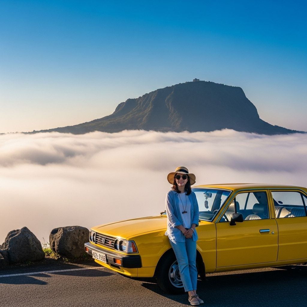 경차 유류비 환급, 산 정상을 배경으로 자동차에 기대 서있는 여성