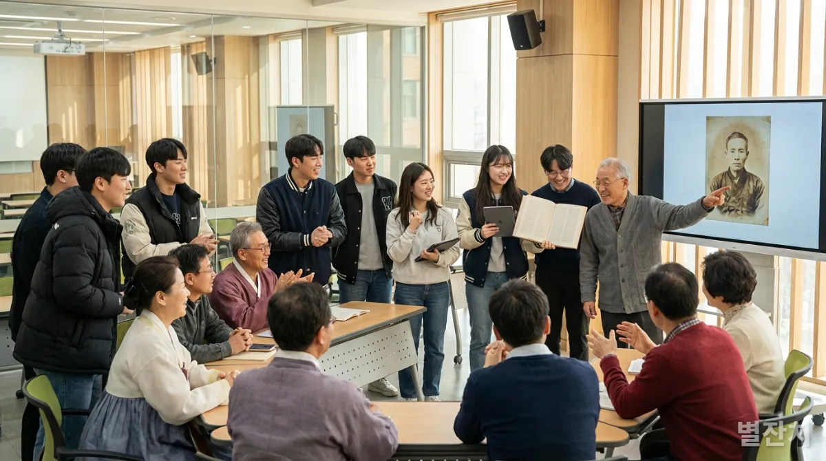 다양한 연령대의 한국인들이 역사 인물에 대해 토론하는 모습.