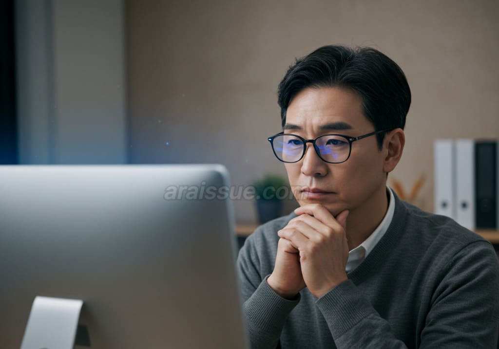 컴퓨터 화면을 바라보는 한국 중년 남성. 루테인과 지아잔틴이 눈 건강에 미치는 영향을 나타내는 이미지입니다.