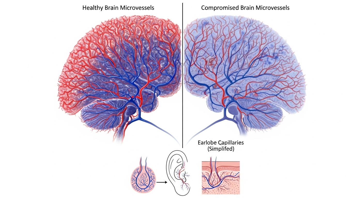 건강한 뇌 미세혈관과 손상된 혈관을 대조하여 귓볼 주름과 뇌 건강의 연관성을 보여주는 다이어그램.