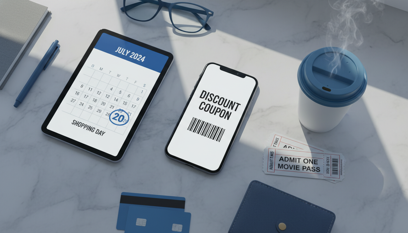 스마트폰 할인 쿠폰, 커피, 영화 티켓이 조화롭게 놓여있는 짠테크 라이프스타일 책상