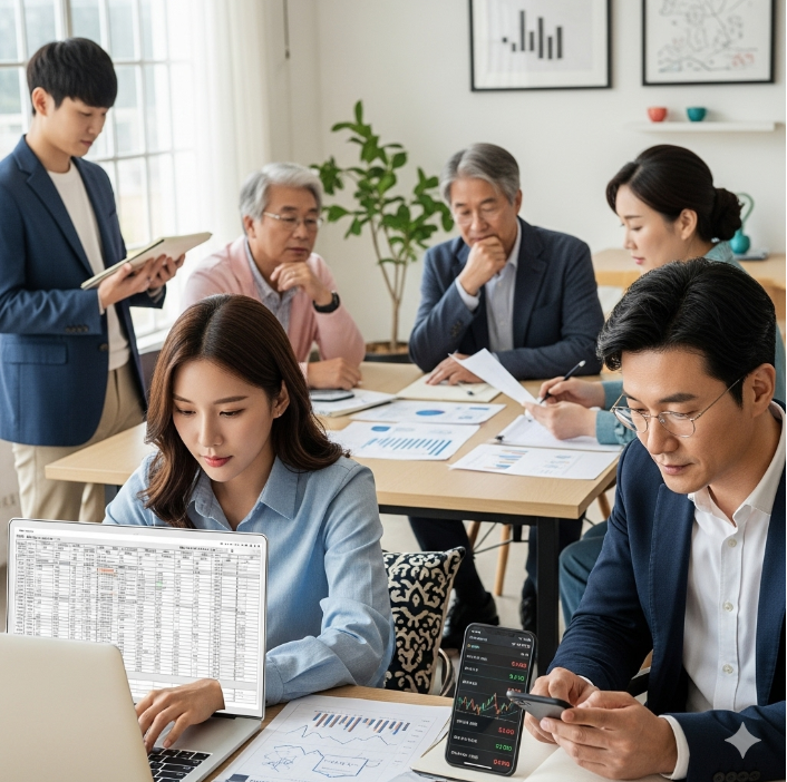 각기 다른 연령대의 사람들이 자신의 재무 계획을 세우고 있는 모습. 한 사람은 노트북으로 가계부를 정리하고, 다른 한 사람은 주식 앱을 보고 있다.