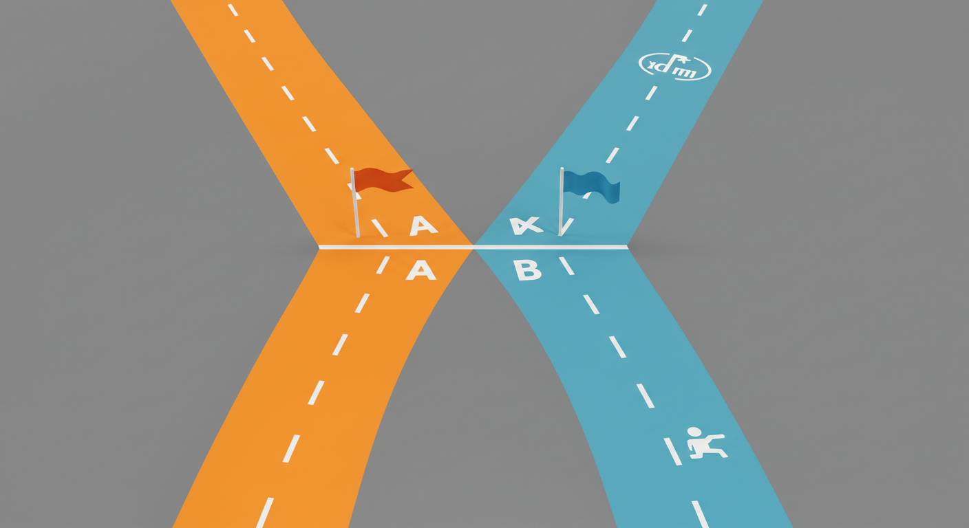 두 갈래의 길이 서로 다른 깃발(실행률/해소감)로 향하는 상징적 이미지