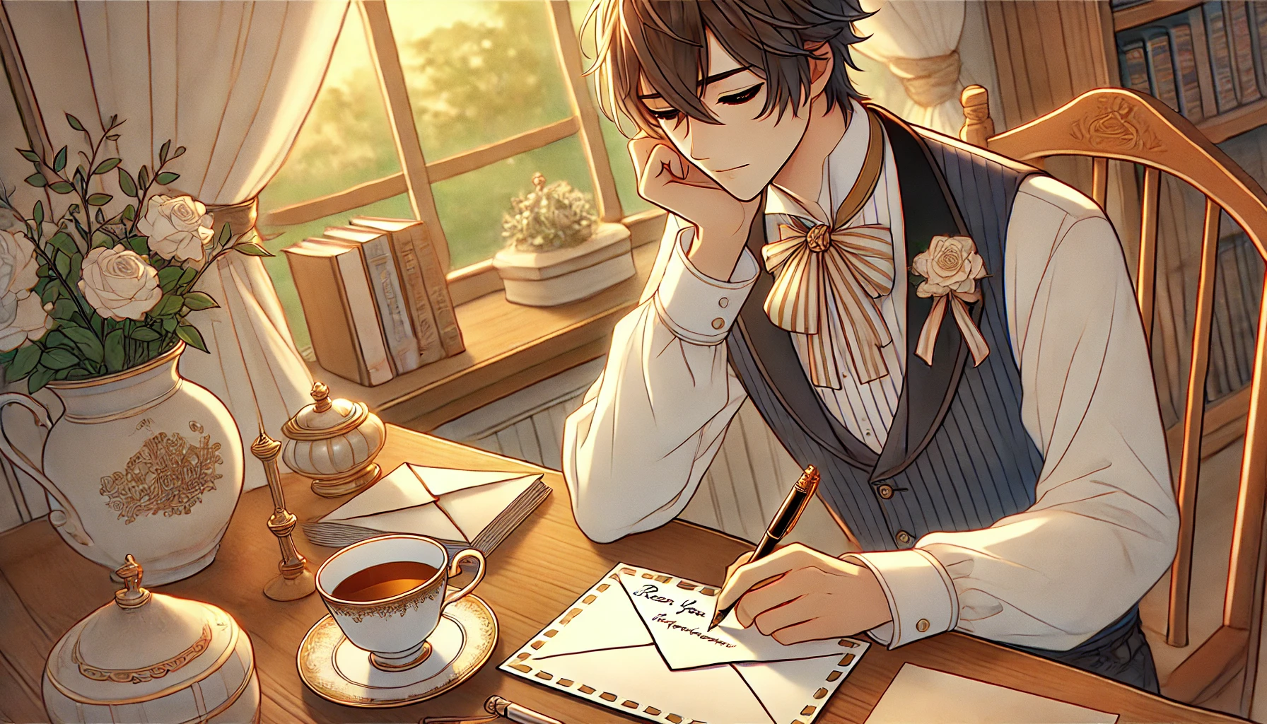 따뜻한 분위기 속 책상에서 봉투에 메시지를 적는 스타일리시한 청년의 애니메이션 일러스트