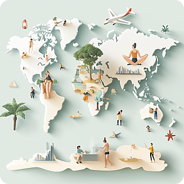 사람들이 다양한 활동을 하는 모습을 사실적으로 그린 세계 지도.