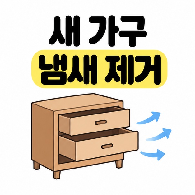 새 가구 냄새 제거 제목 아래 열린 서랍장과 바깥쪽으로 향하는 파란 공기 화살표가 배치된 대표 이미지