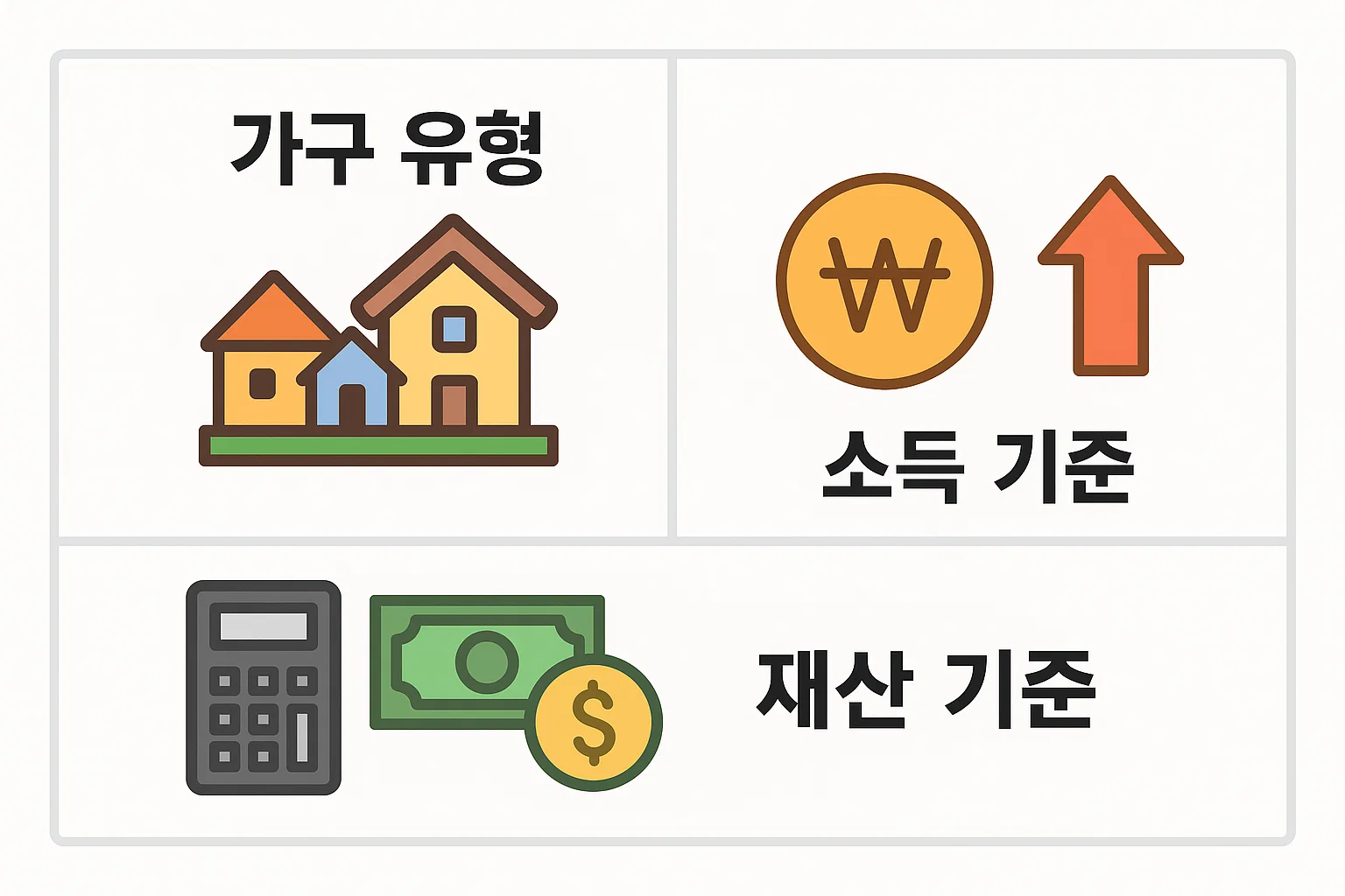 근로장려금 신청자격을 단독가구 홑벌이 가구 맞벌이 가구로 구분하고 가구 유형에 따라 소득 기준과 재산 기준이 어떻게 달라지는지 비교한 이미지입니다