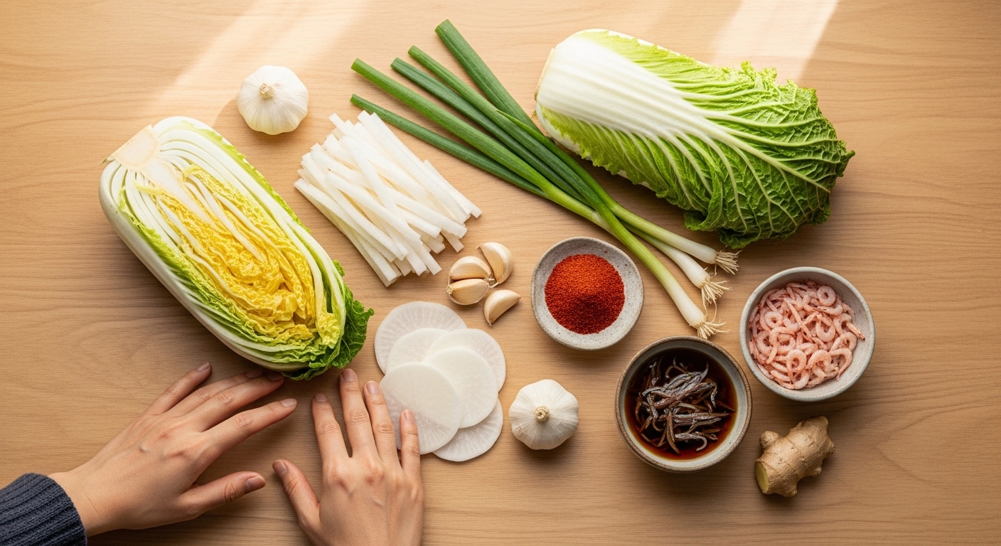 나무 테이블 위에 신선한 배추, 무, 고춧가루, 마늘, 생강 등 김치 재료들이 가지런히 놓여 있고, 한국인의 손이 재료를 준비하는 모습.