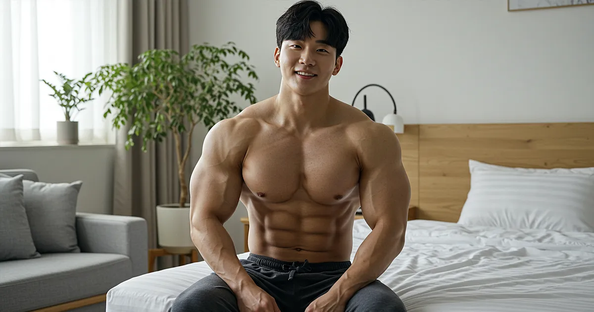 밝은 침실에서 근육질 남성이 침대에 걸터앉아 상쾌한 미소를 짓는 장면