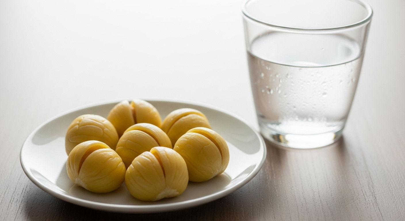 깨끗한 흰 접시에 적정량의 삶은 밤 5~7개가 놓여있고, 옆에는 물 한 잔이 함께 있다. 당뇨 환자를 위한 건강한 간식 섭취와 적절한 양 조절의 중요성을 시각적으로 표현한다.