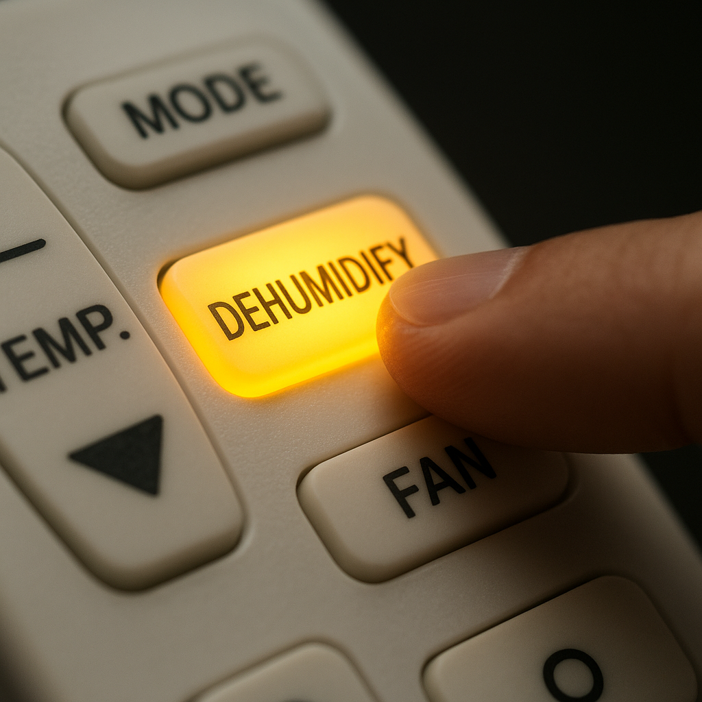 에어컨 리모컨의 제습 모드 버튼을 누르는 손가락