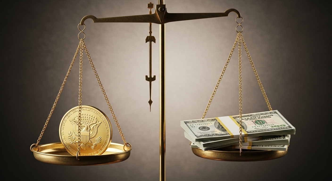 저울 위에 금과 달러 지폐가 놓여 균형을 맞추는 모습
