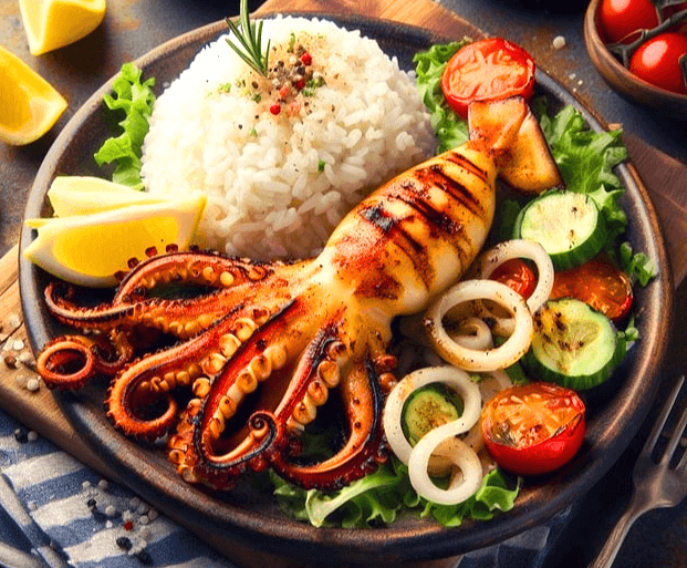 동그란 접시 위에 통오징어 한 마리와 하얀 밥, 야채들이 올려졌다. 오징어가 토실토실하게 생겼다.