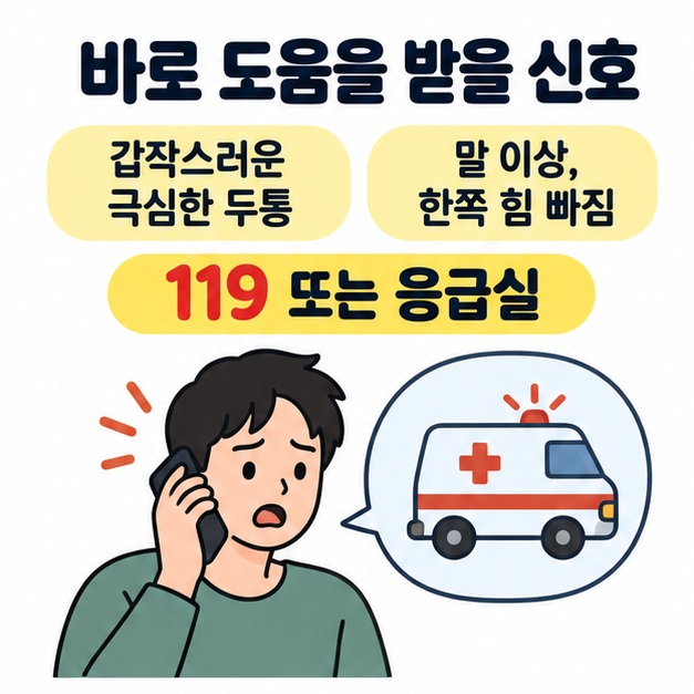 갑작스러운 극심한 두통과 말 이상 및 한쪽 힘 빠짐이 있으면 119 또는 응급실의 도움을 받으라는 문구와 전화하는 인물 및 구급차 그림