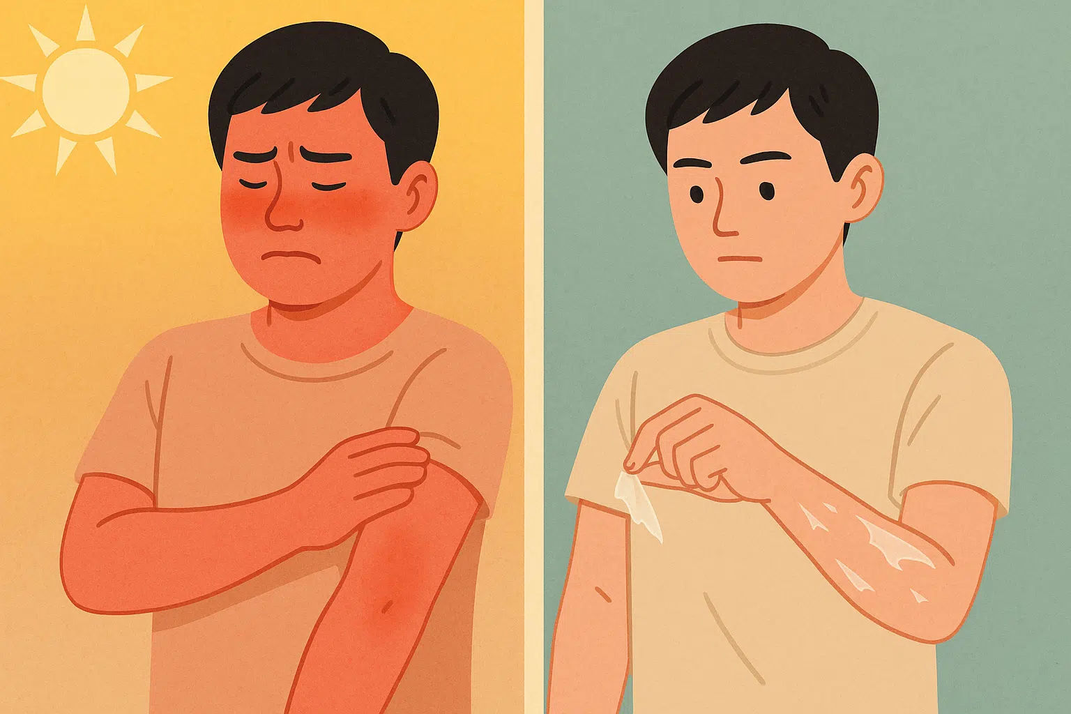 강한 햇볕 아래 빨갛게 달아오른 피부(일광화상), 붉은 기는 적지만 얇은 필름처럼 피부가 벗겨지는 팔(워터파크 손상)