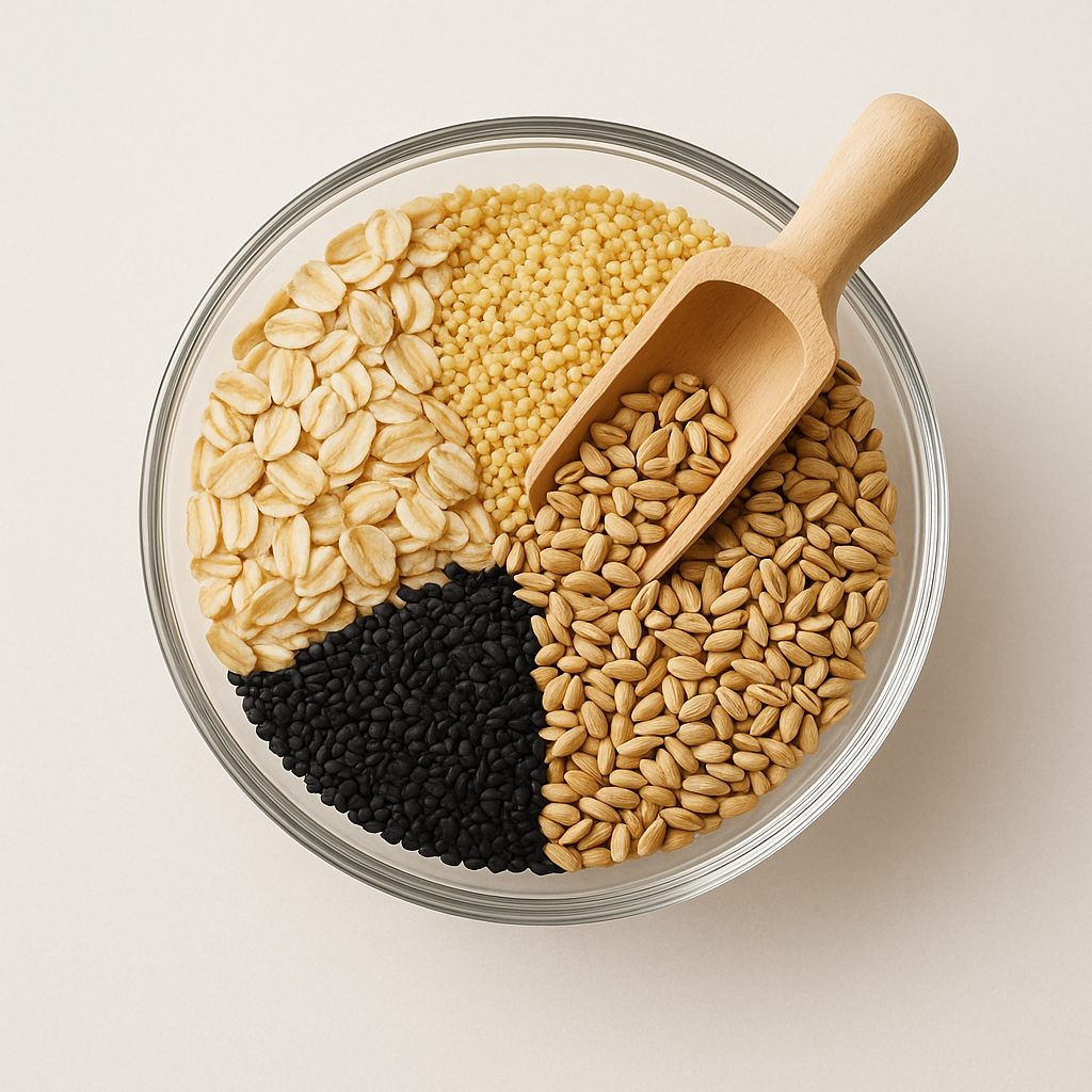 여러 잡곡을 한눈에 볼 수 있는 투명 유리볼과 나무 주걱