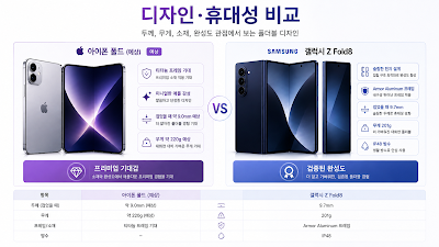 아이폰 폴드와 갤럭시 Z Fold8의 디자인·두께·무게·휴대성을 비교한 이미지