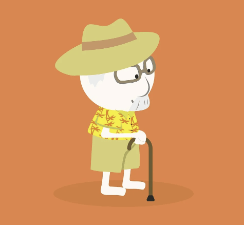 알부민 영양 관리로 건강을 되찾아 지팡이와 함께 산책 중인 노인 캐릭터