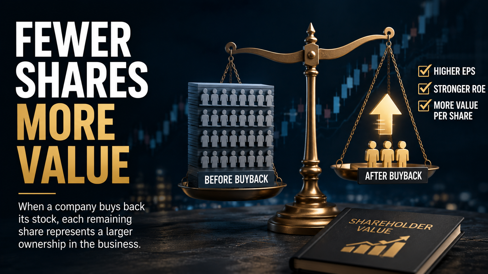 Illustration showing how fewer outstanding shares increase earnings per share and shareholder ownership through stock buybacks.