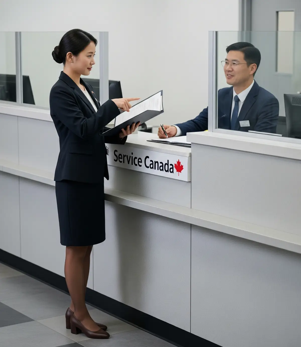 캐나다 이민국(또는 Service Canada)에서, 준비해 온 서류를 바탕으로 담당 직원에게 침착하고 논리적으로 질문하는 지적인 한국 여성.