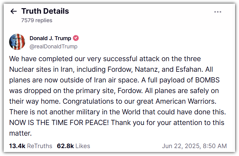 트럼프 이란 타격 트루스소셜 내용