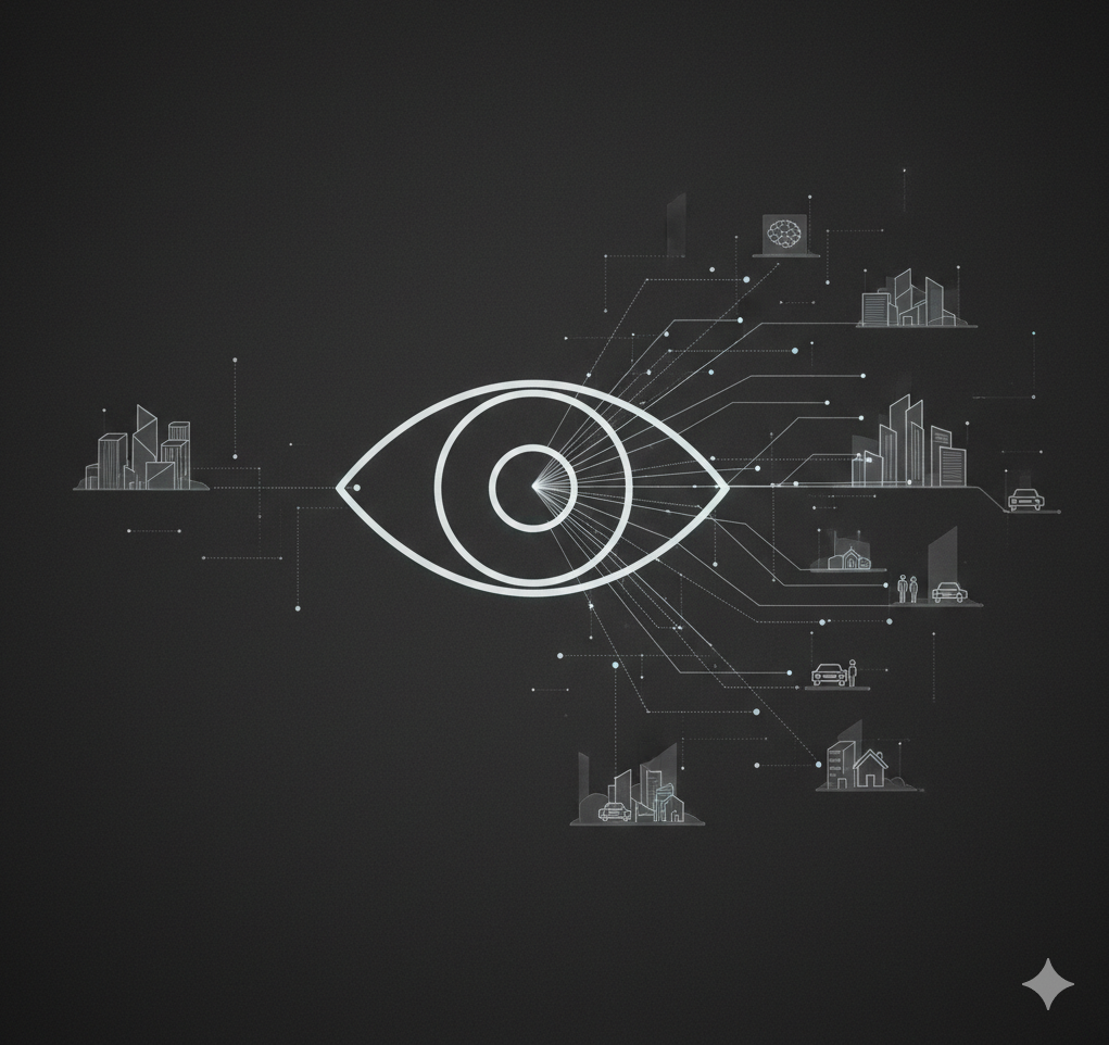 공간 지능 기반 AI 에이전트가 도시와 일상 환경을 인식하고 연결하는 개념 이미지