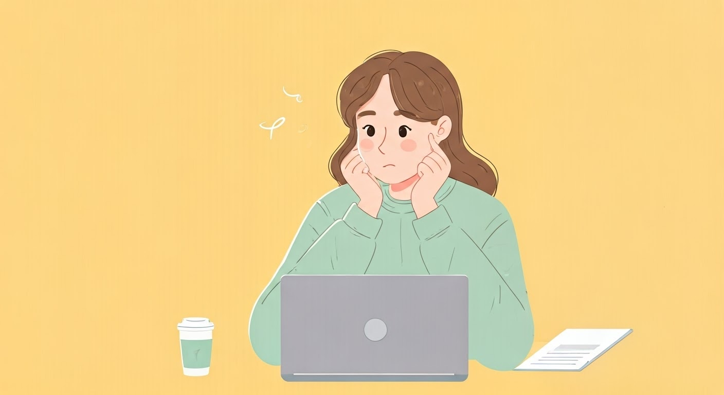 젊은 여성 틱톡커 노트북으로 종합소득세 신고방법을 보고 고민하고 있는 표현