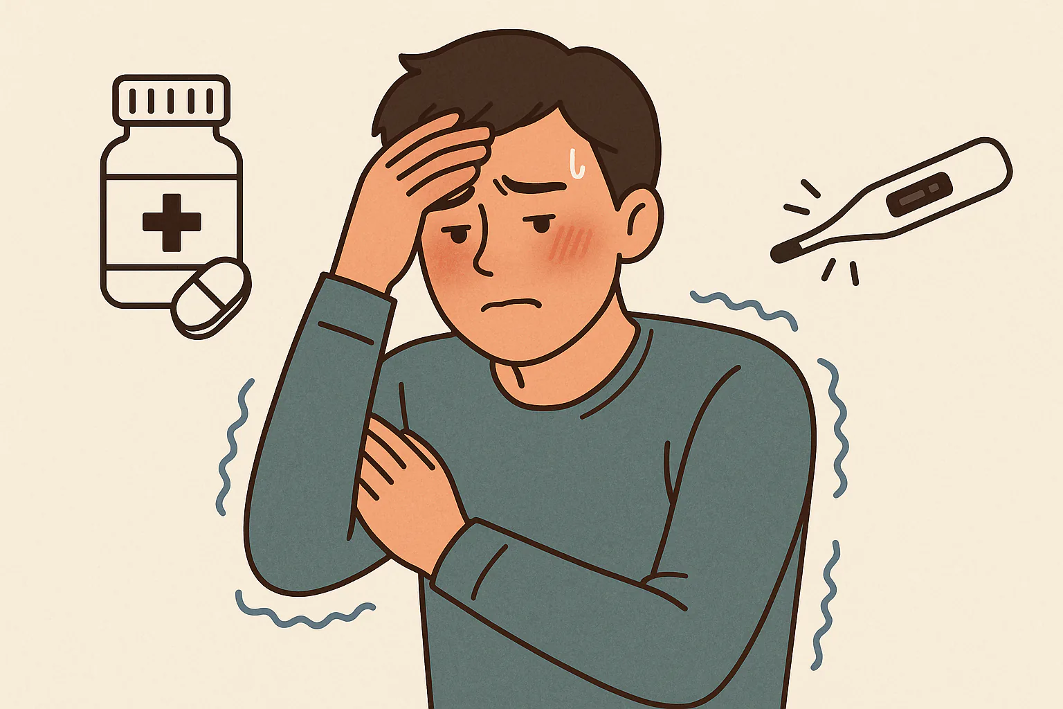 약통 아이콘과 체온계, 발한&middot;오한을 동시에 느끼는 인물