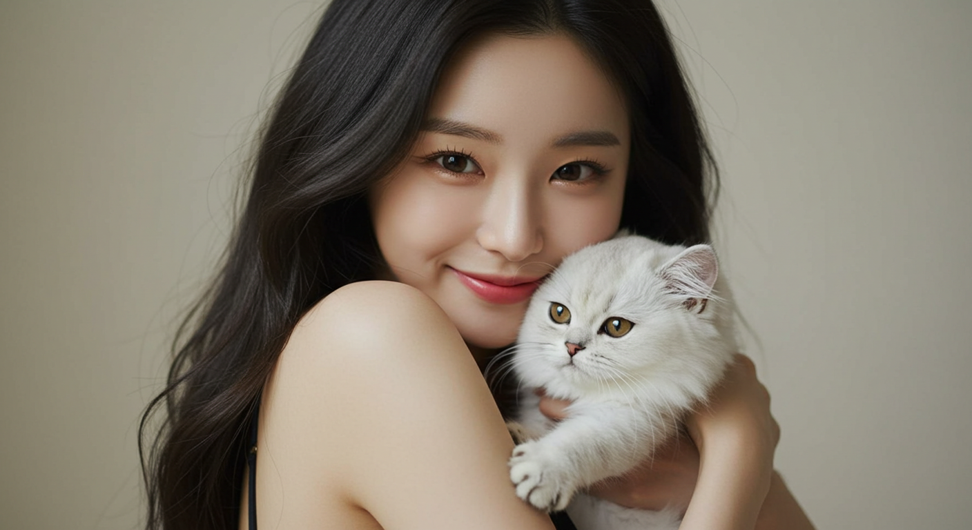고양이를 껴안고있는 한국여성
