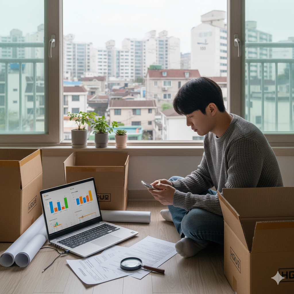 이사 중인 젊은 남성이 베란다에 앉아 노트북으로 HUG와 SGI 보험 차트를 확인하며 스마트폰을 조작하고 있다. 주변에는 이사 박스와 설계 도면, 돋보기가 흩어져 있고, 창밖으로는 아파트 단지 풍경이 보인다.