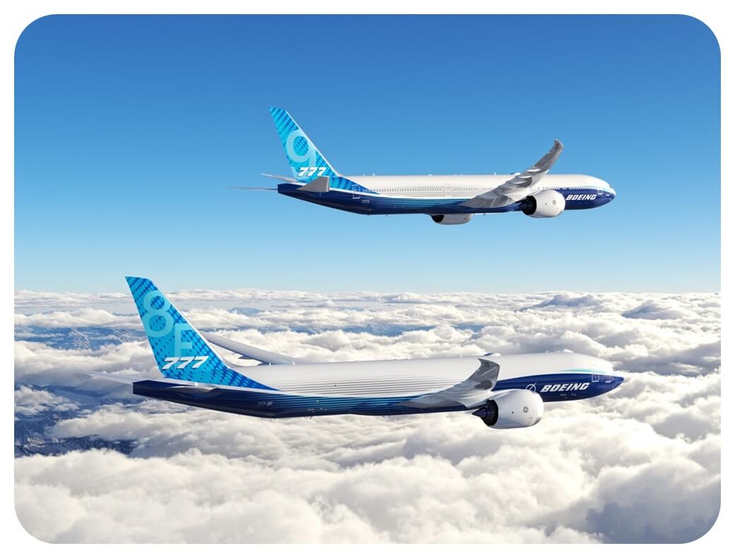 보잉사 B777X 여객기가 하늘을 날고 있는 모습