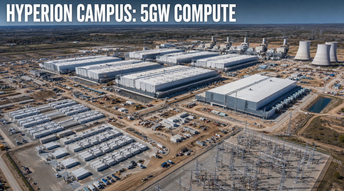 Aerial rendering of a massive multi-building hyperscale AI data center campus with surrounding power substations and infrastructure