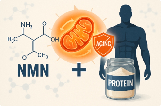 NMN과 단백질이 세포 에너지와 노화 방지에 미치는 관계를 표현한 과학적 일러스트. 중앙에는 미토콘드리아와 &lsquo;ANTI-AGING&rsquo; 방패가 빛나고, 좌측에는 NMN 분자 구조, 우측에는 단백질 통과 근육 실루엣이 함께 배치된 이미지.