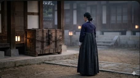 단아한 한복을 입은 여인이 뒤주를 향해 고독하게 서 있는 뒷모습을 담은 이미지. 영조가 사도세자를 뒤주에 가두어 죽인 비극적인 '임오화변'의 현장감과, 아들을 사지로 보낸 어머니 영빈 이씨의 슬픔을 상징적으로 보여주는 사진.