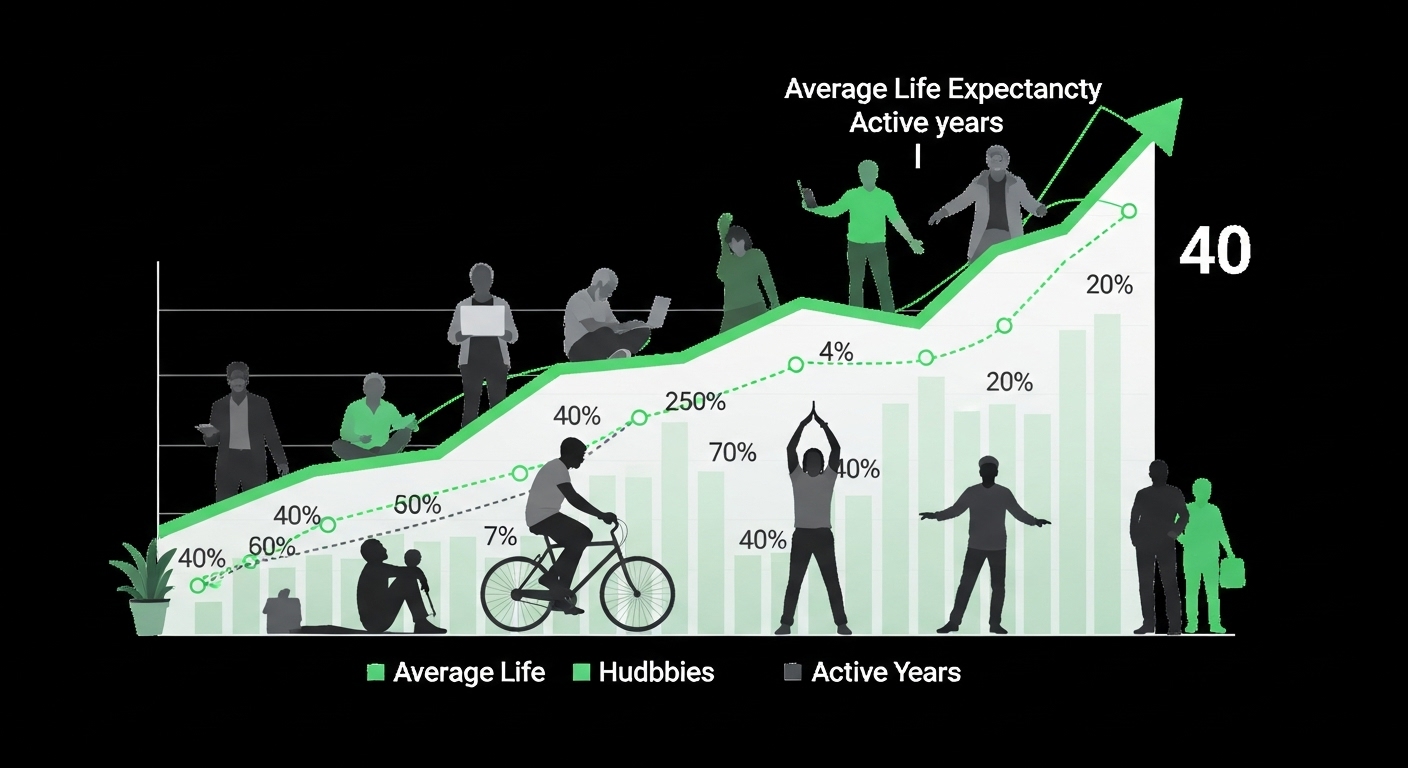 평균 기대 수명 증가와 활발한 활동기를 나타내는 그래프와 건강하게 자기 관리를 하는 40대 이미지.