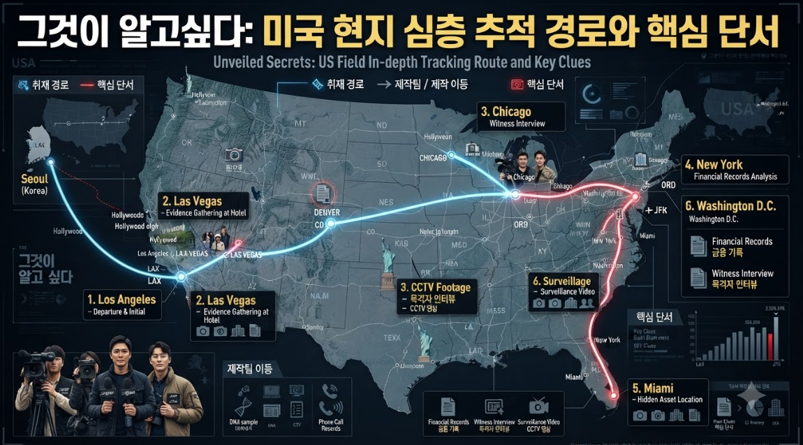 그것이 알고싶다 제작진의 미국 현지 취재 경로 및 단서 인포그래픽