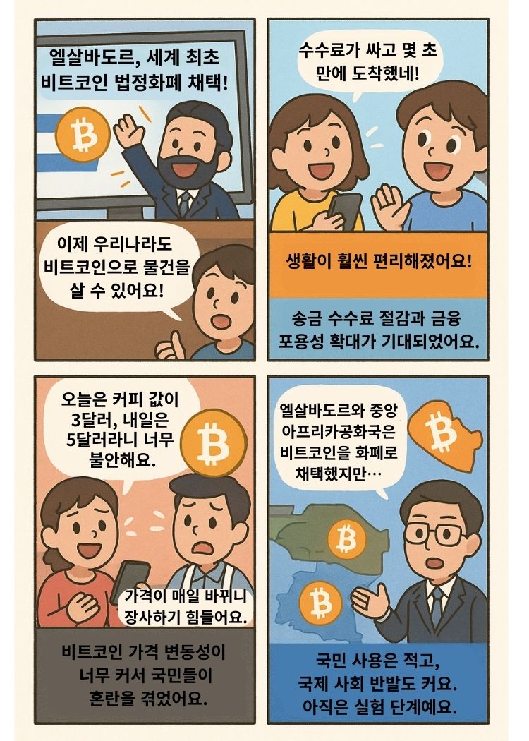 비트코인을 국가 화폐로 채택한 사례를 설명하는 4컷 교육용 만화. 1컷: 엘살바도르의 비트코인 법정화폐 선언 뉴스. 2컷: 해외 송금의 편리함과 장점. 3컷: 가격 변동성으로 인한 국민들의 혼란. 4컷: 엘살바도르 도전과 국제 사회의 평가