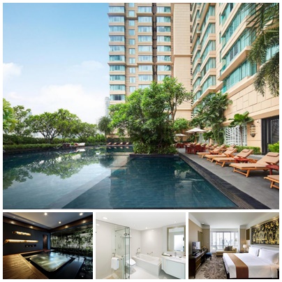 초록 나무보이는 호텔의 수영장