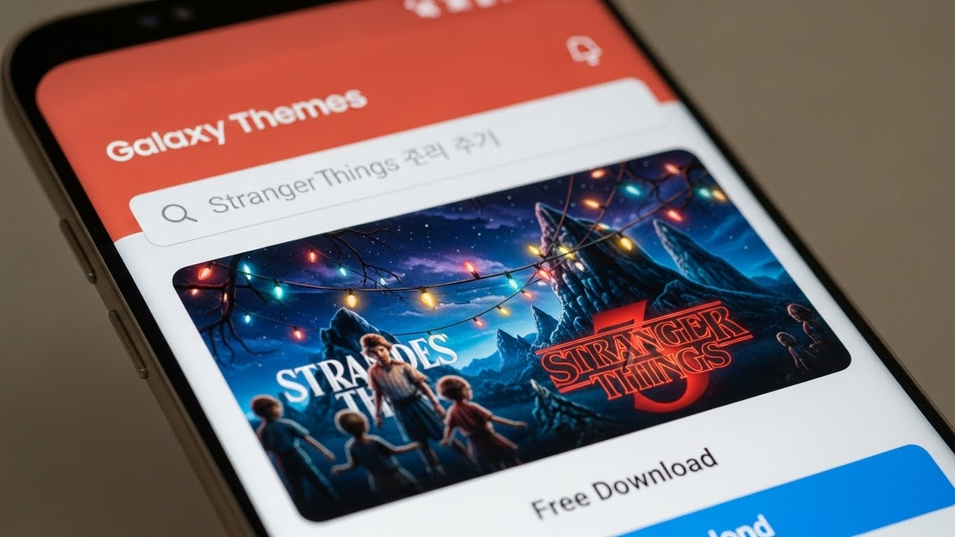 갤럭시 테마 스토어 앱 화면에서 '기묘한 이야기' 테마를 검색하고 다운로드 버튼이 보이는 모습. 갤럭시 테마 다운로드 방법을 보여주는 이미지.