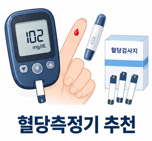 혈당측정기 추천과 케어센스 및 아큐첵 같은 가정용 혈당측정기를 비교하는 안내 이미지