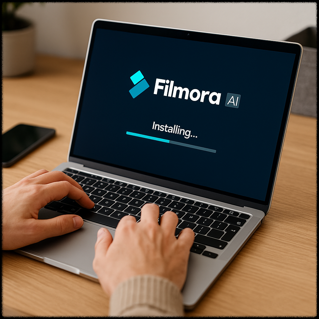 필모라 AI 설치 중인 노트북 화면