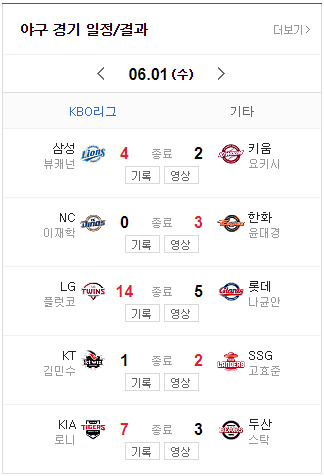 6월1일 경기 결과